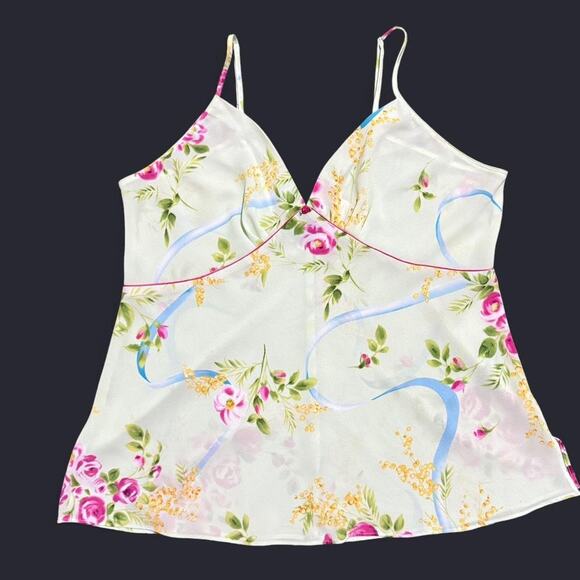 Y2K Oscar De La Renta Light Green & Pink Floral Rosette Lingerie Cami Top XL - Picture 6 of 8